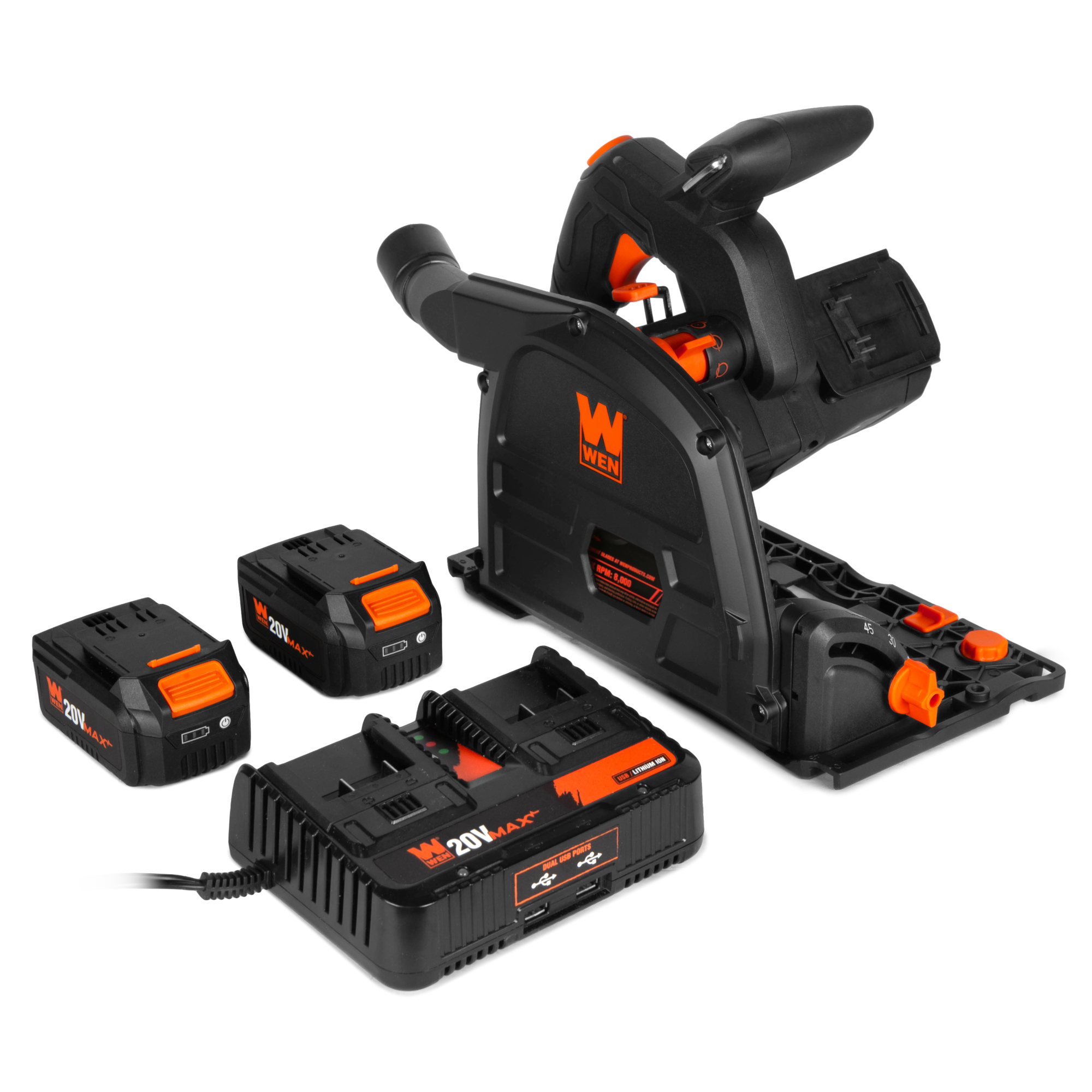 WEN Cordless Track Saw - 20V Max, 6.5in. Blade, Brushless, Variable Speed, 2 x 4.0Ah Batteries, Model# 20691